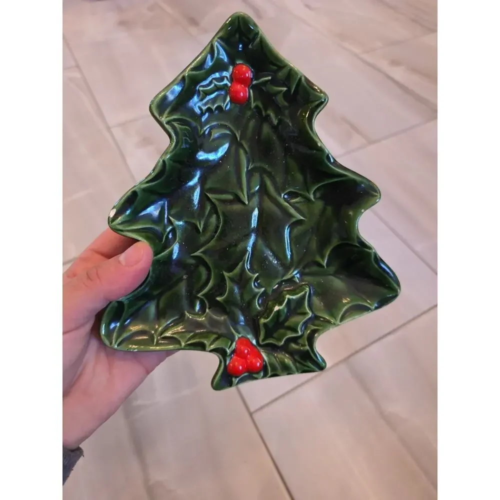 Vintage Lefton Green Holly Christmas Tree Candy Dish , Holly Berries‎ 1971/72